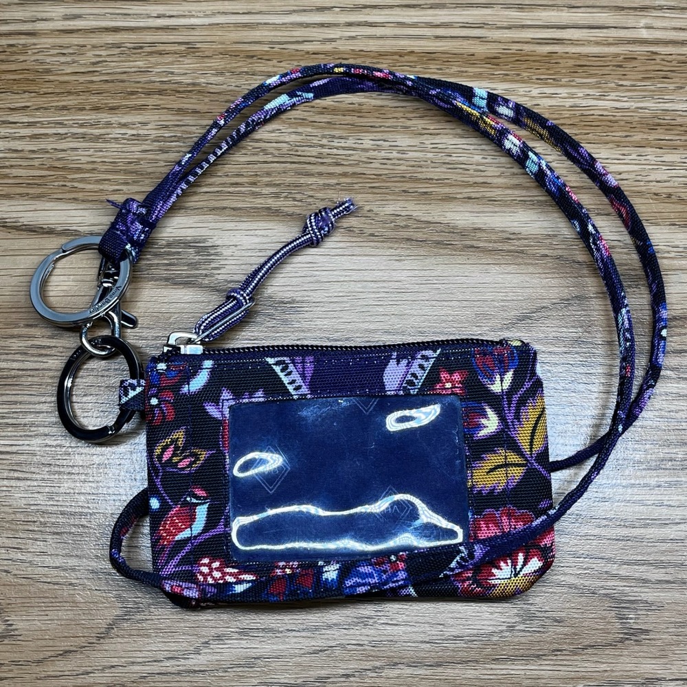 Vera Bradley Women ID Case Lanyard Navy Floral Polyester Boho Zip Wallet
